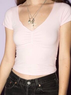Brandy Melville Pale Pink V-Neck Ruched Gina Top